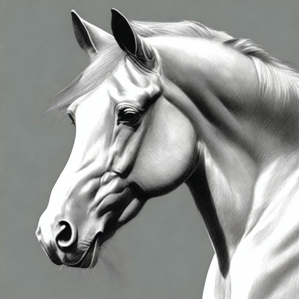 A captivating black and white pencil sketch of a horse's face is presented