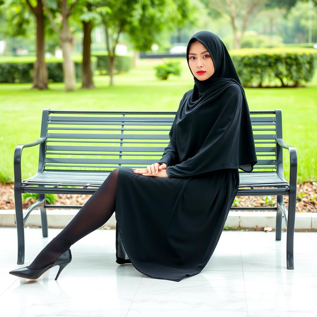 A woman adorned in a black chador that elegantly covers her head and body, complemented by sleek black tights and fashionable black high heels