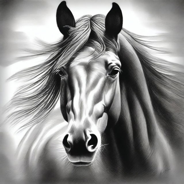 A captivating black and white pencil sketch of a horse's face is presented