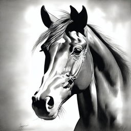 A captivating black and white pencil sketch of a horse's face is presented