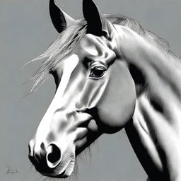 A captivating black and white pencil sketch of a horse's face is presented