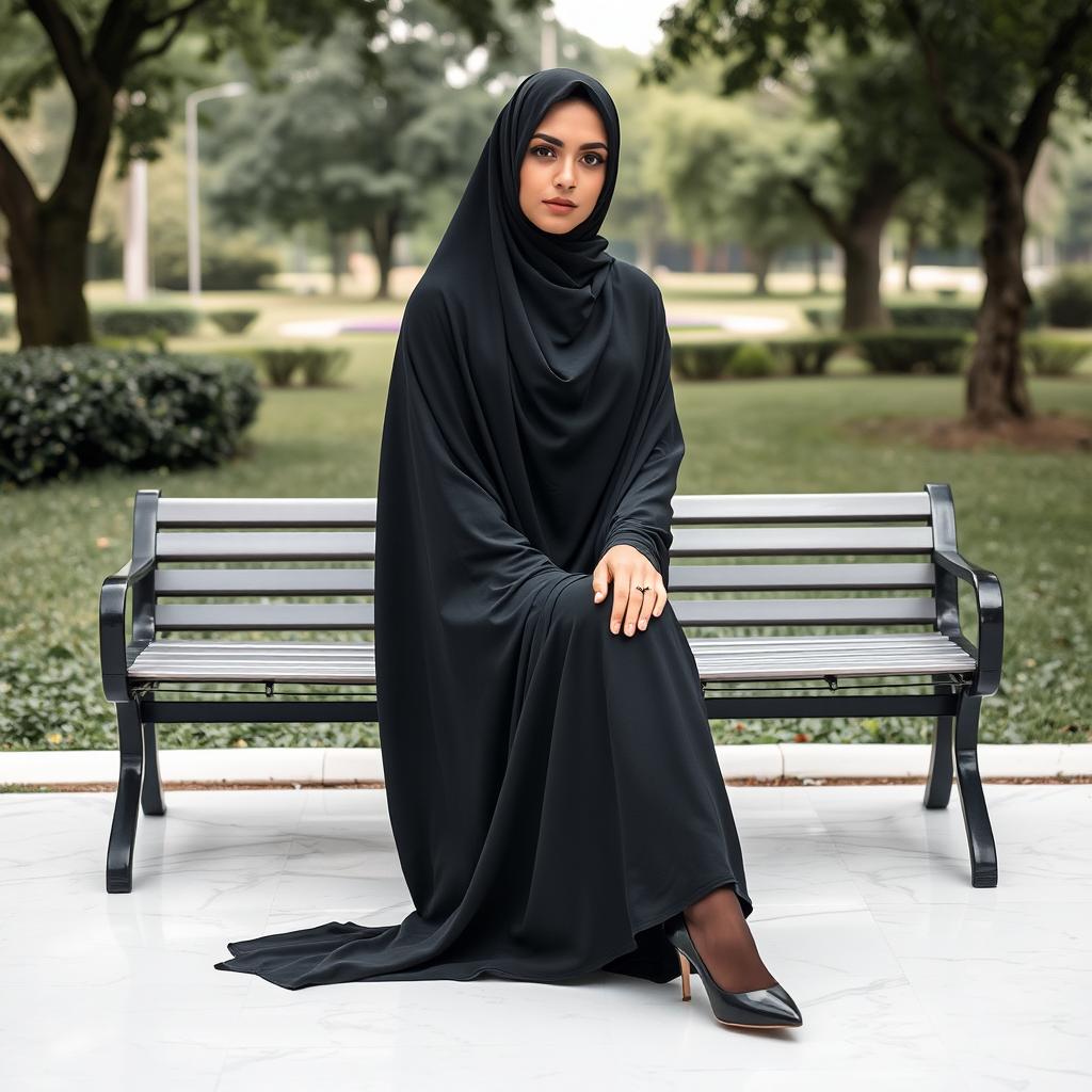 A woman dressed in a black chador that covers her head and body, paired elegantly with black tights and chic black high heels