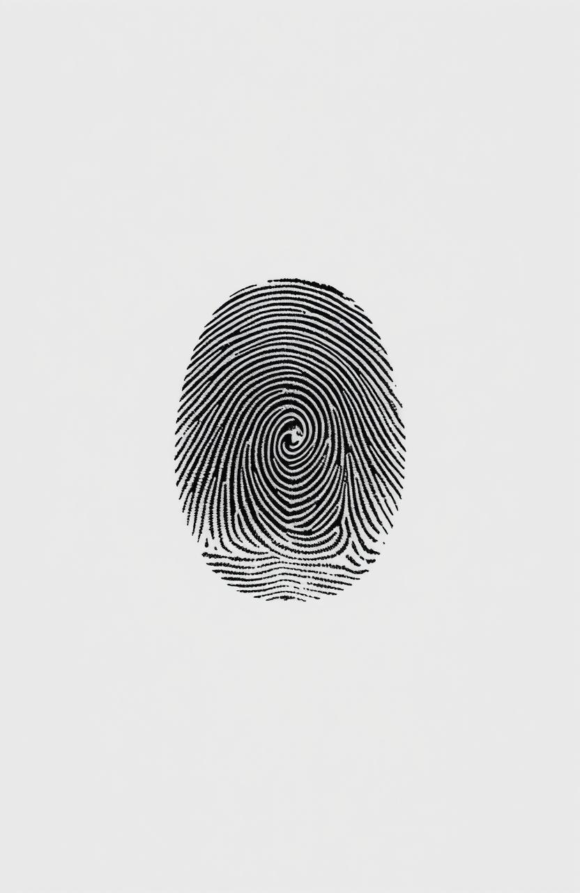 A whole human fingerprint isolated in the center of the image, showcasing intricate details of the fingerprint patterns