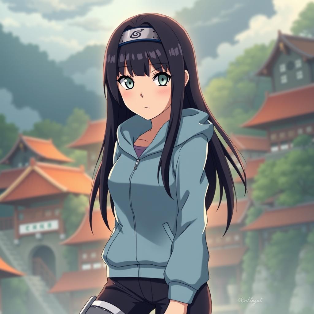 Anime character Hyuga Hinata from Naruto, depicted with long dark hair and bangs covering her forehead, showcasing pale white eyes with a gentle yet determined expression