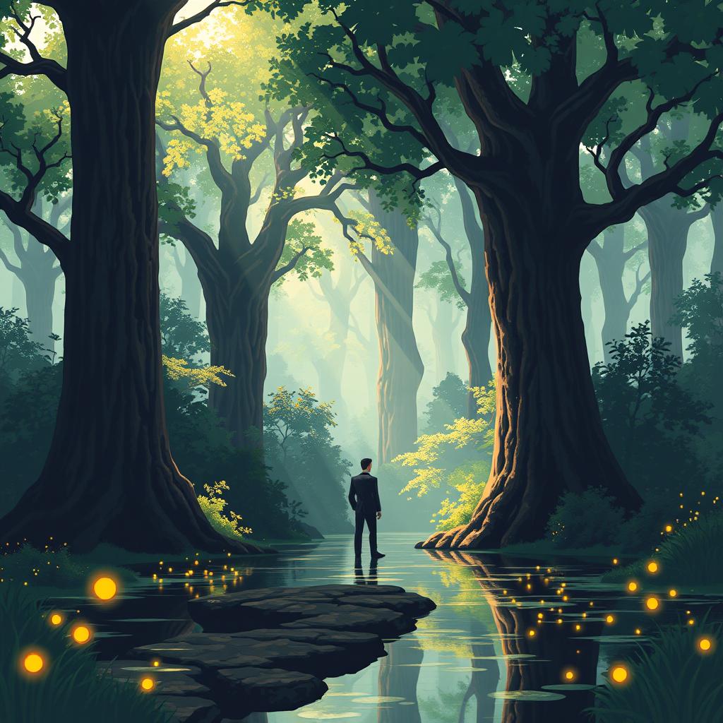 A serene pixel art scene featuring a man in elegant attire standing in the heart of a magical forest