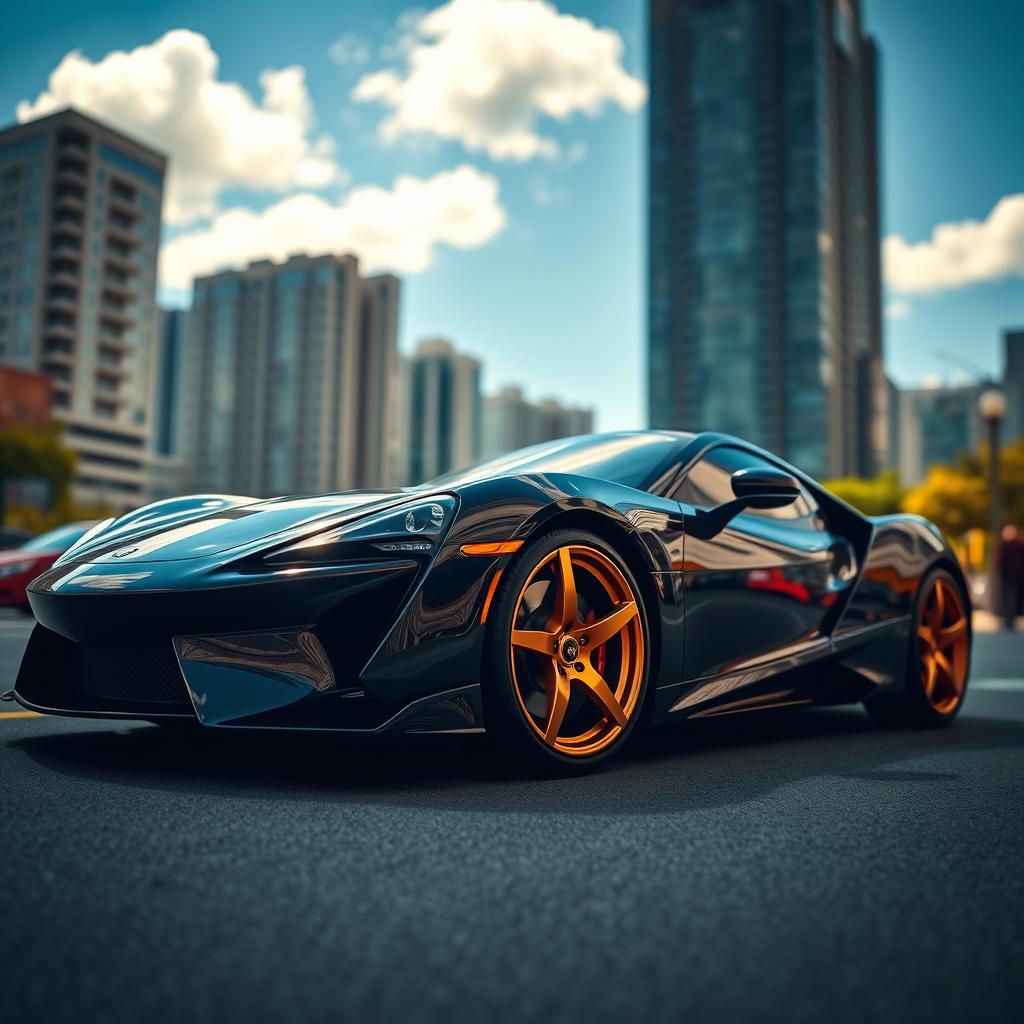 A sleek and stylish modern sports car with dark gold wheels, shining under the sunlight