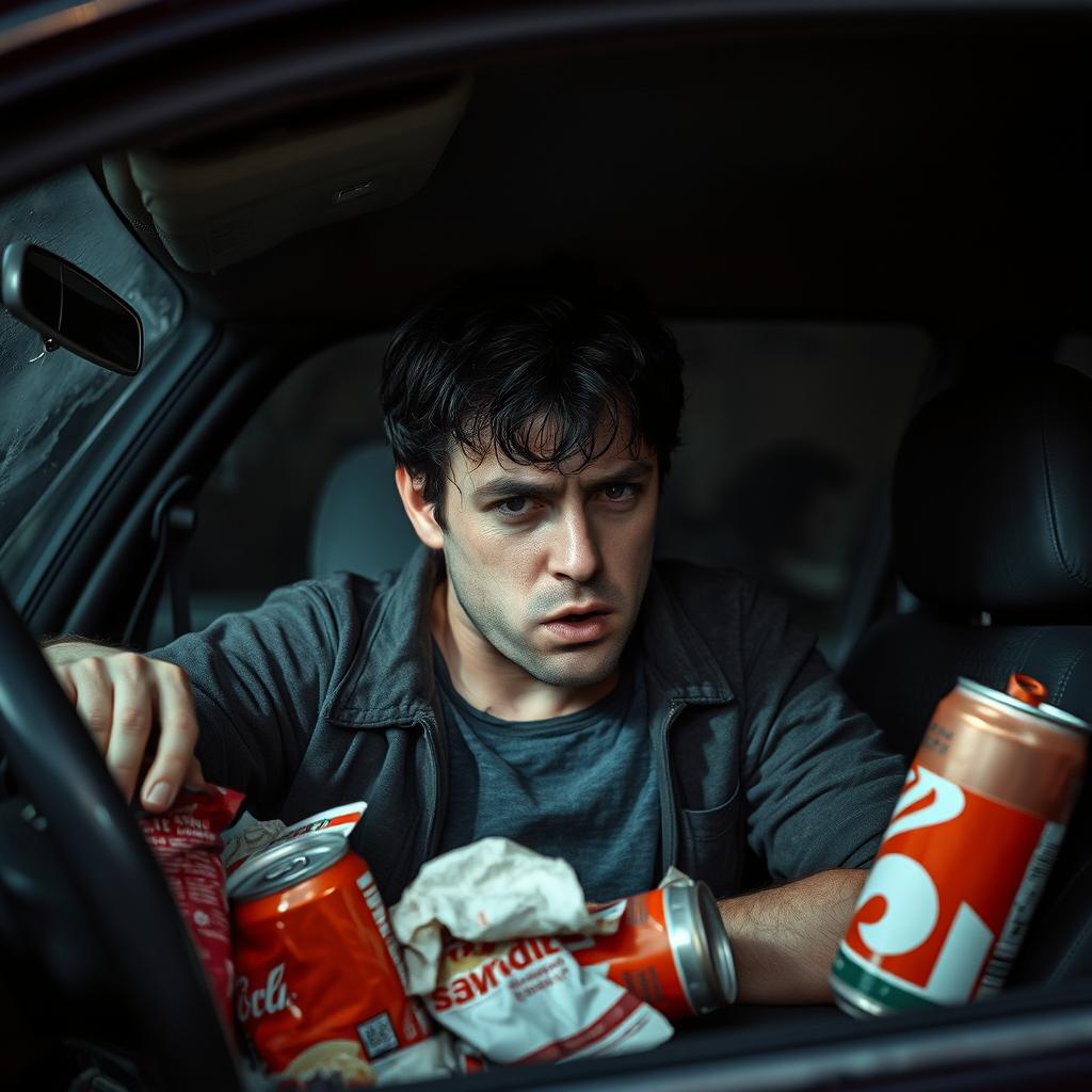 A dark-haired, greasy 30-year-old male sitting inside a dingy Ford car, looking distressed as he throws up