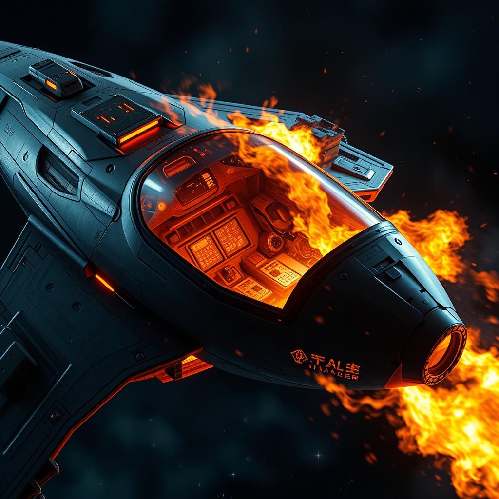 A dramatic scene featuring a detailed spaceship with a visible cabin, engulfed in flames