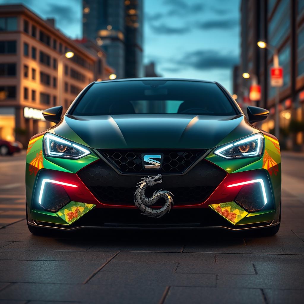 A futuristic representation of a sleek Seat Ibiza car, featuring a distinctly designed dragon logo prominently displayed on the front grille