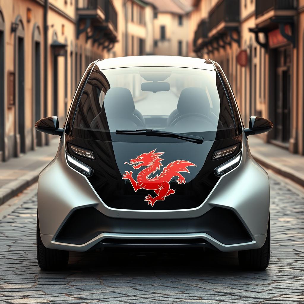 A modern 5-seater car designed with sleek lines and an aerodynamic shape, featuring a vibrant red dragon logo symbolizing Japanese culture prominently displayed on the front