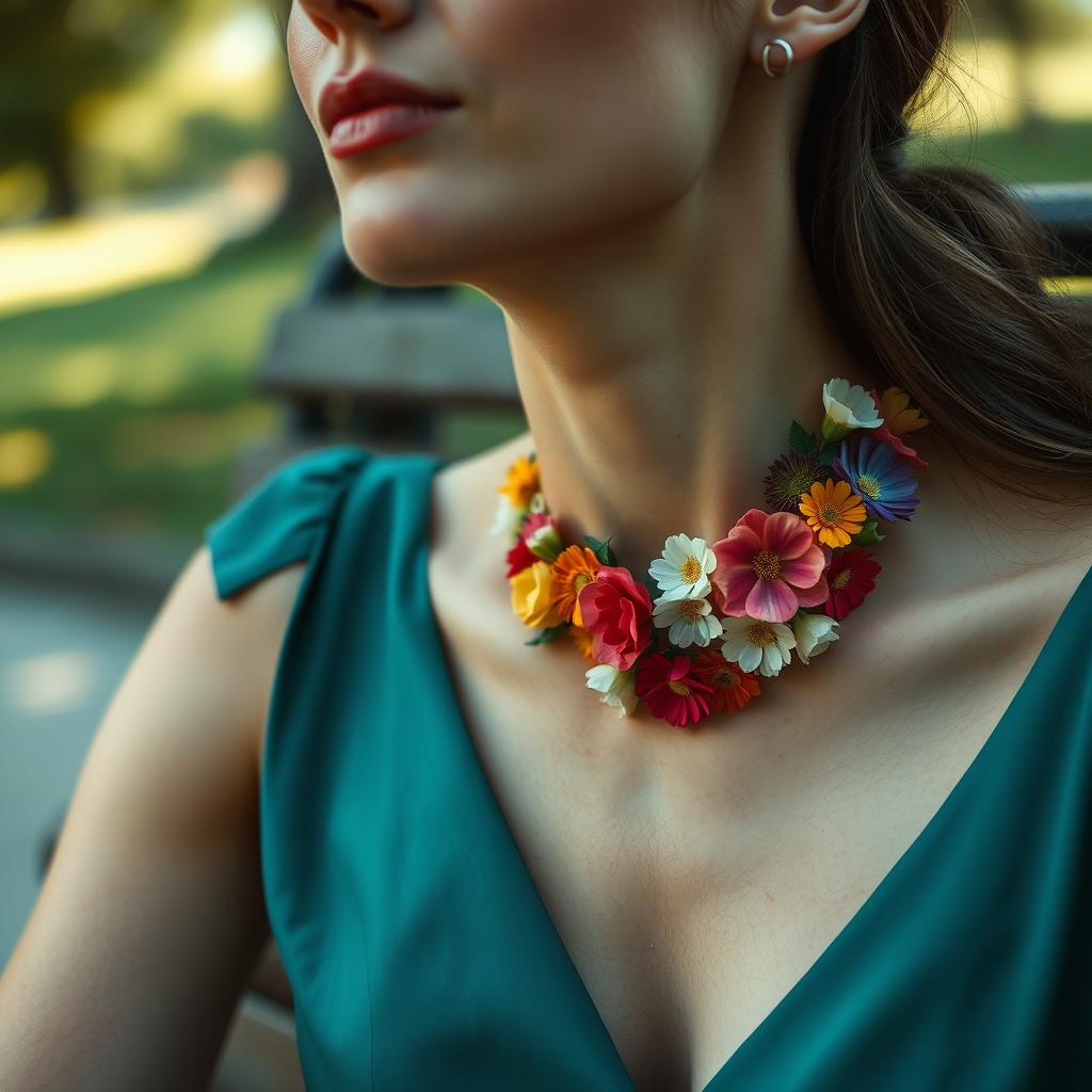 A close-up shot capturing the elegant neck of a woman sitting on a park bench, adorned in a beautiful dress that gracefully reveals her neck