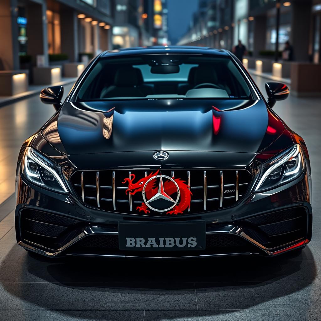 A luxurious Mercedes Brabus car with a high-performance, sleek design, featuring a striking red Japanese dragon logo creatively integrated into the front grille