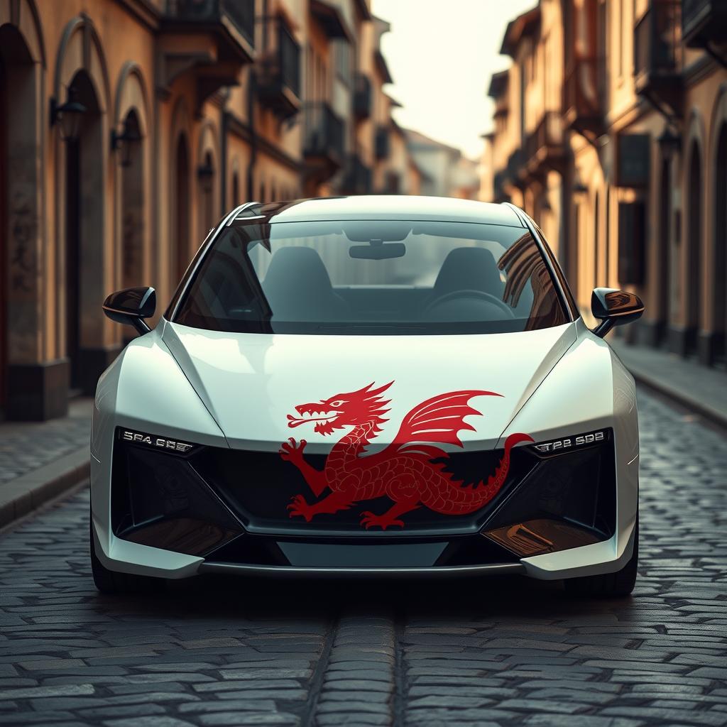A modern 5-seater car designed with sleek lines and an aerodynamic shape, featuring a vibrant red dragon logo symbolizing Japanese culture prominently displayed on the front
