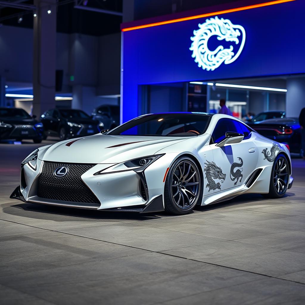 A stunning Lexus LC 500 featuring a custom body kit designed by the brand 'Lumeon', highlighted by a unique dragon logo that symbolizes power and elegance