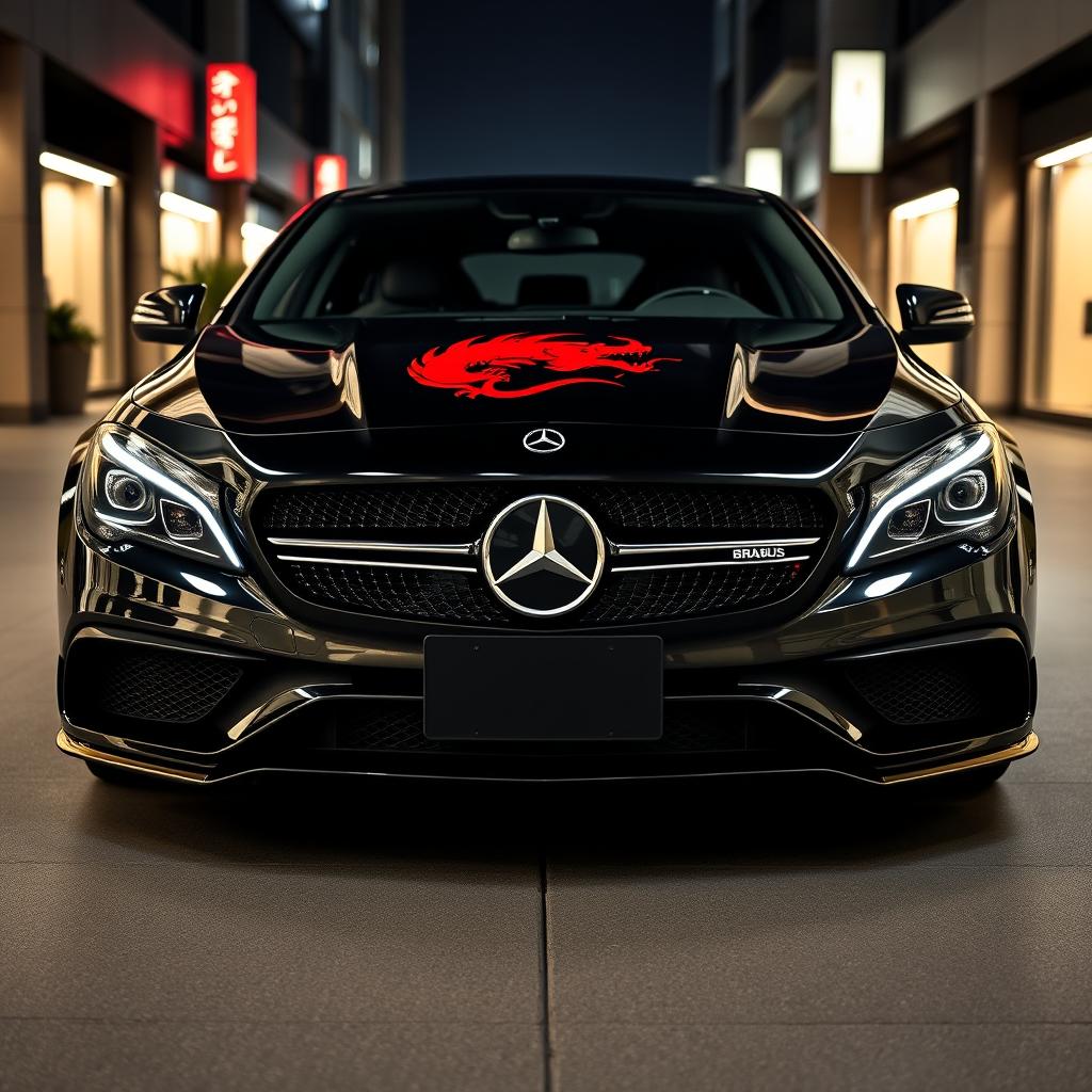A luxurious Mercedes Brabus car, showcasing its high-performance and sleek design, featuring a bold red Japanese dragon logo prominently displayed in the front grill, completely replacing the traditional Mercedes Benz logo