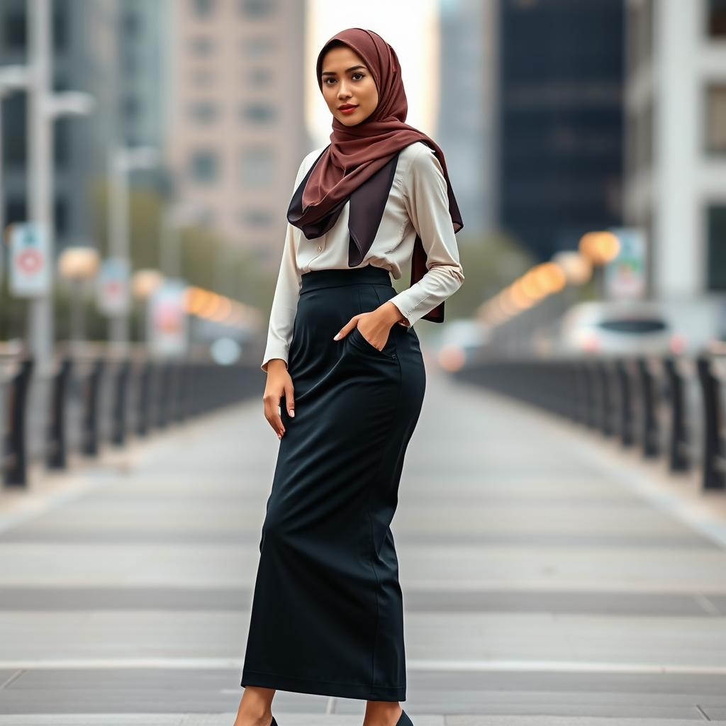 A woman in a hijab wearing a long pencil skirt made from scuba fabric, showcasing a modern and chic style