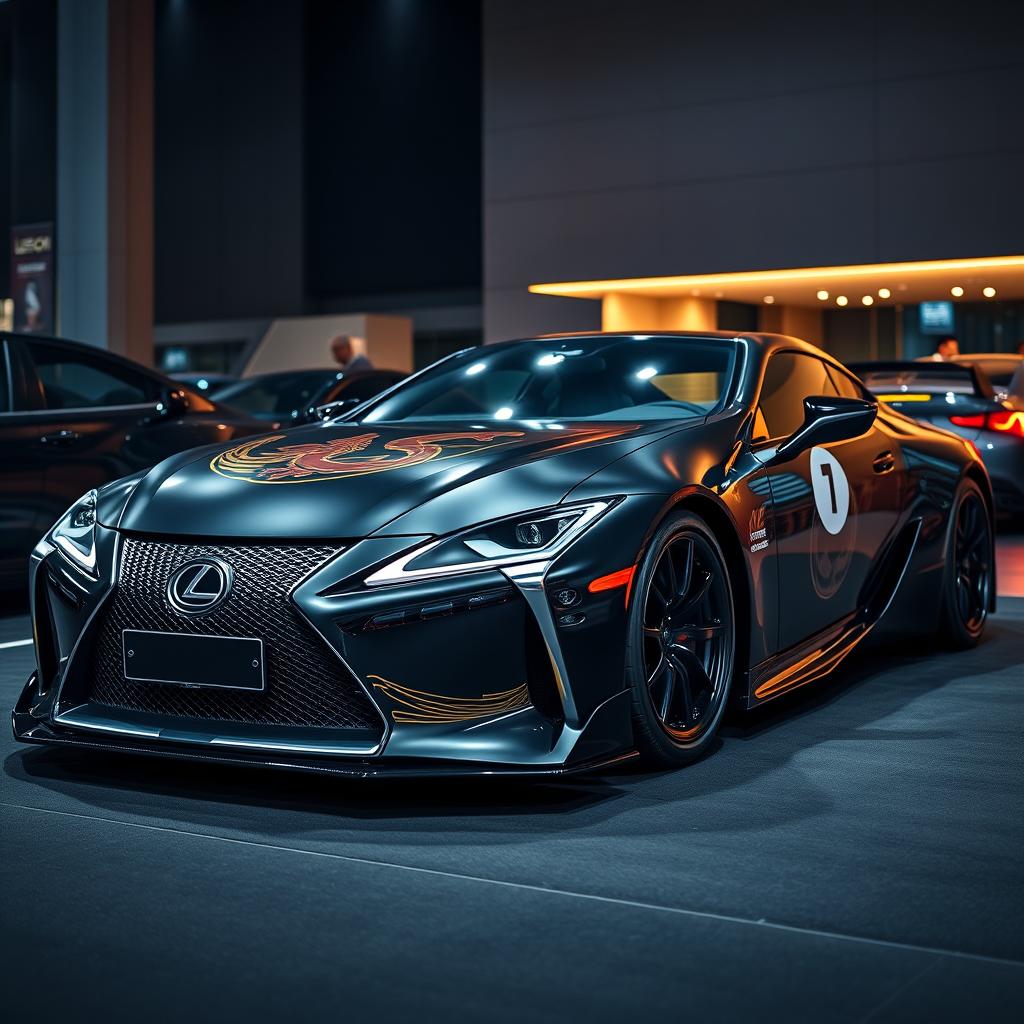 A visually striking Lexus LC 500 transformed with a custom body kit designed by 'Lumeon', featuring a modified dragon logo that embodies the brand's identity
