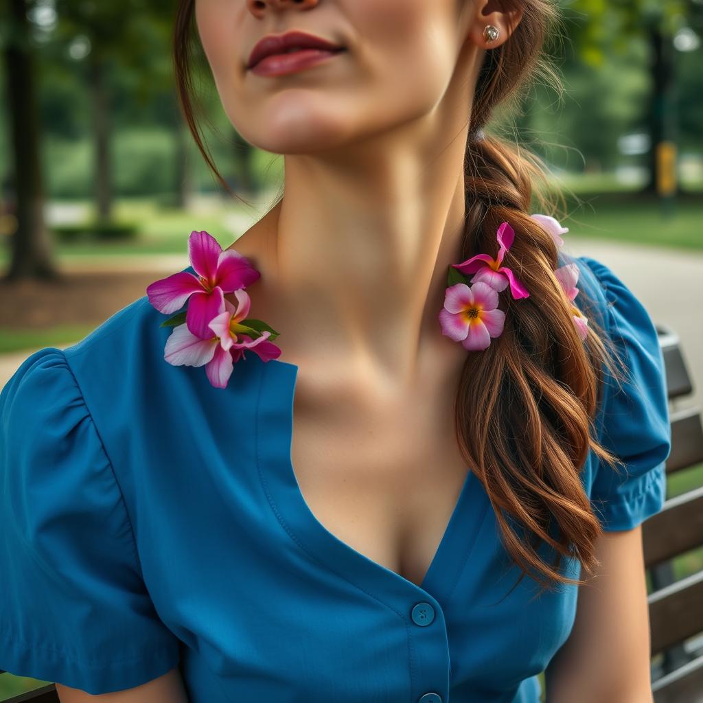 A close-up shot of a woman's elegant neck, beautifully highlighted as she sits on a park bench