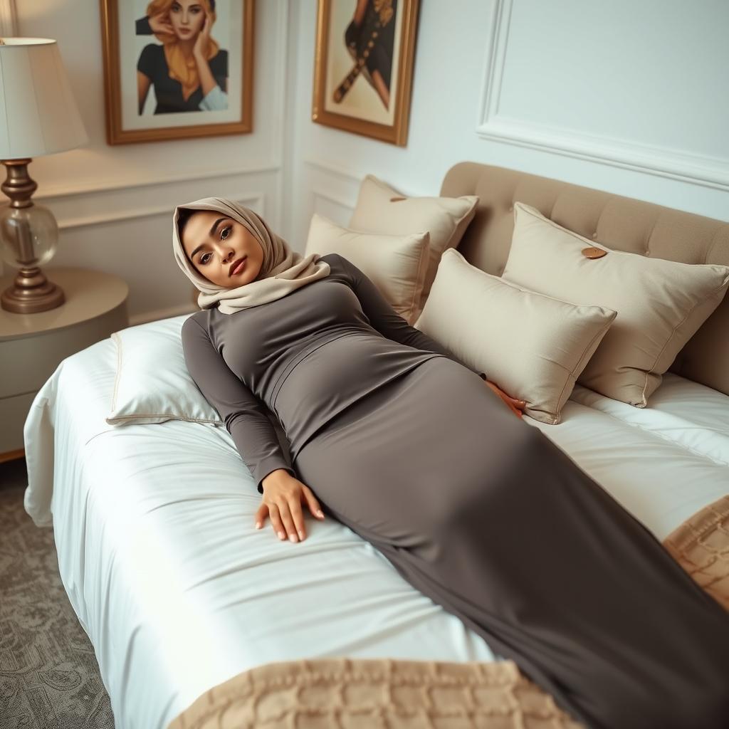 A beautiful woman wearing a hijab, lying on a bed, dressed in a long, pencil skirt made of scuba material