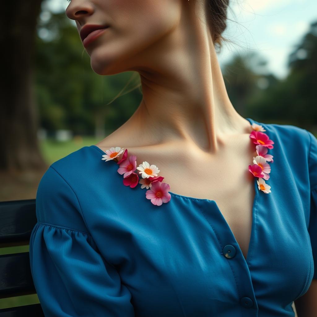 A close-up view of a woman's graceful neck as she sits on a park bench, accentuated by her blue button-up dress that elegantly reveals her neck