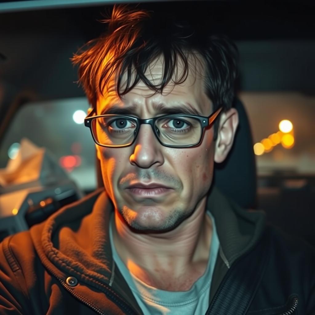 A greasy, irritated man in his late 20s, driving at night in late January