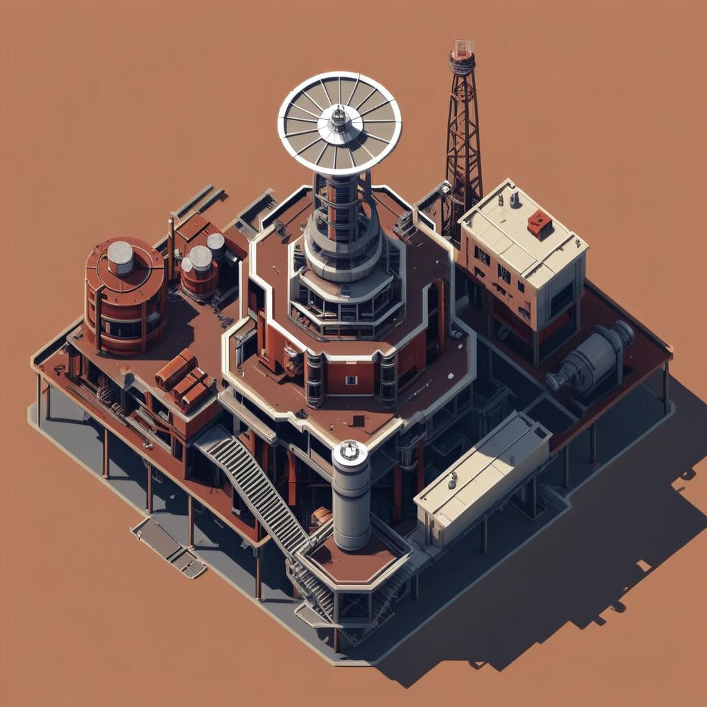 destroyed Mining refinery with large crane pixel art style top down view