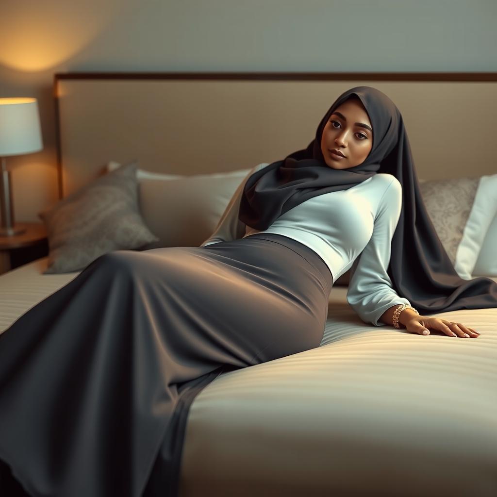 A realistic character wearing a hijab, lying gracefully on a bed