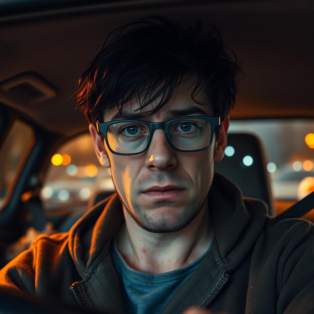 A greasy, irritated man, 28 years old, driving at night in late January