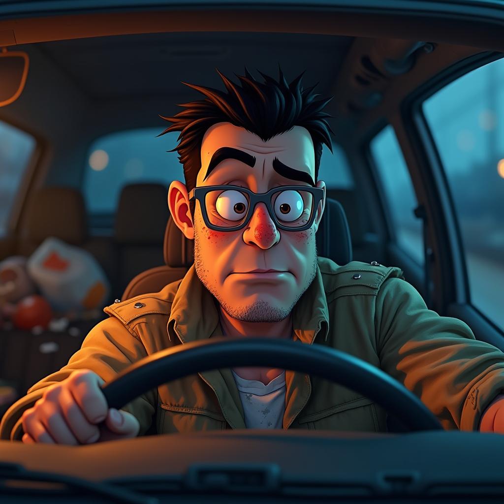 An animated illustration of a greasy, irritated man driving at night in late January