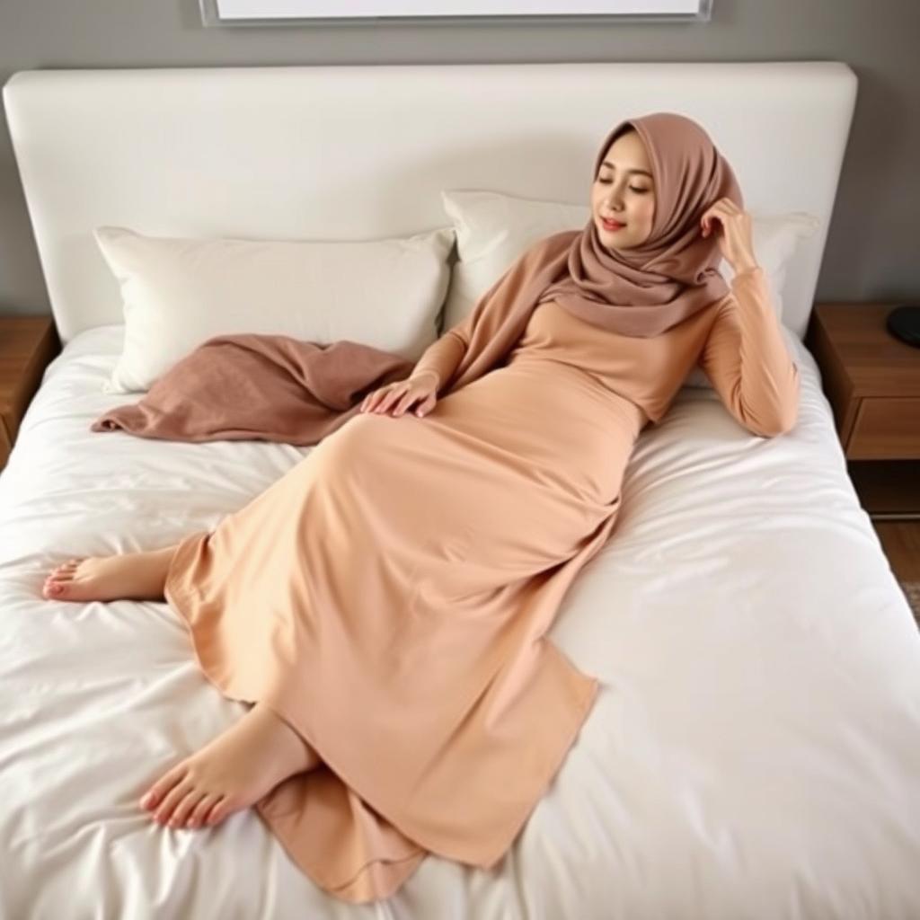 A realistic woman wearing a soft, smooth hijab, without an inner layer, lying gracefully on a bed