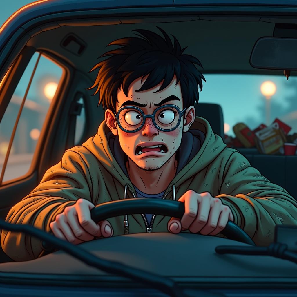 An animated illustration of a greasy, irritated man driving at night in late January