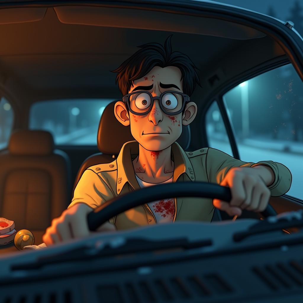 An animated scene depicting a greasy, irritated man driving a dirty Ford at night in late January