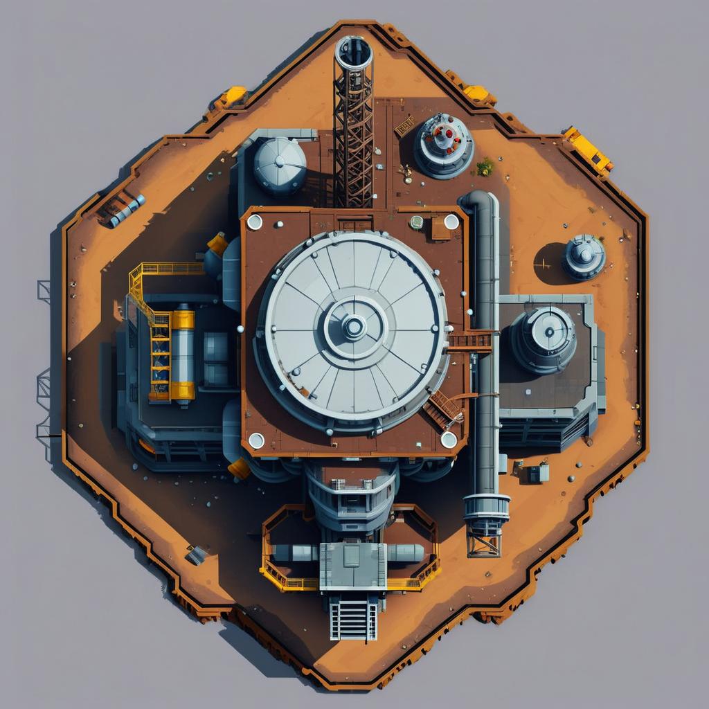 destroyed Mining refinery with large crane pixel art style top down view