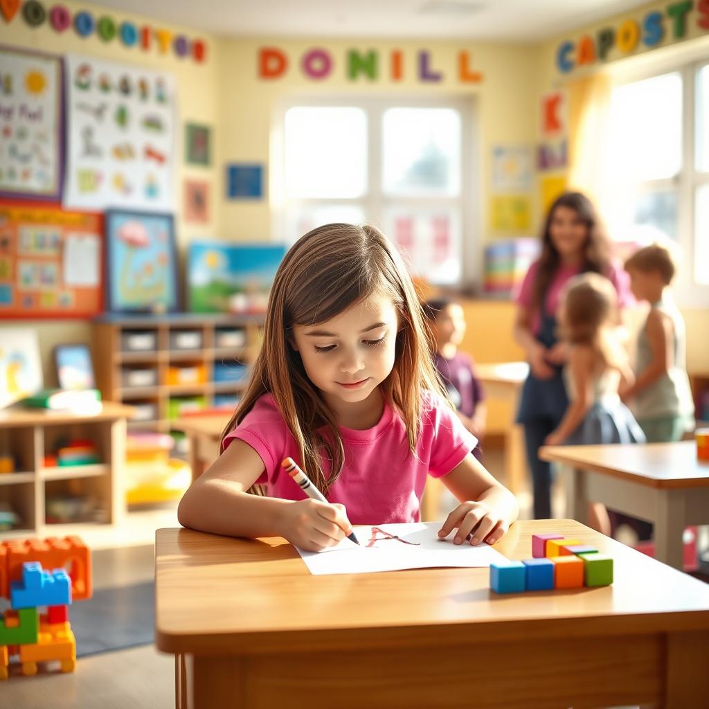 A vibrant and colorful kindergarten classroom filled with educational posters and art supplies