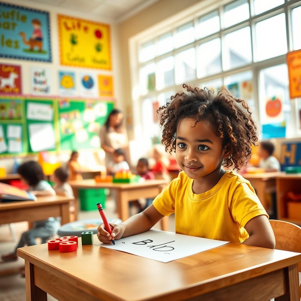 A vibrant and colorful kindergarten classroom filled with educational posters and art supplies