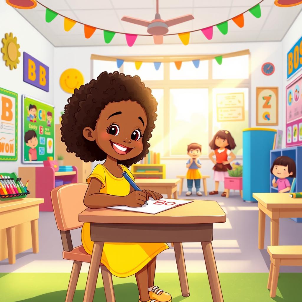 A cartoon-style illustration of a vibrant kindergarten classroom filled with colorful decorations and educational posters