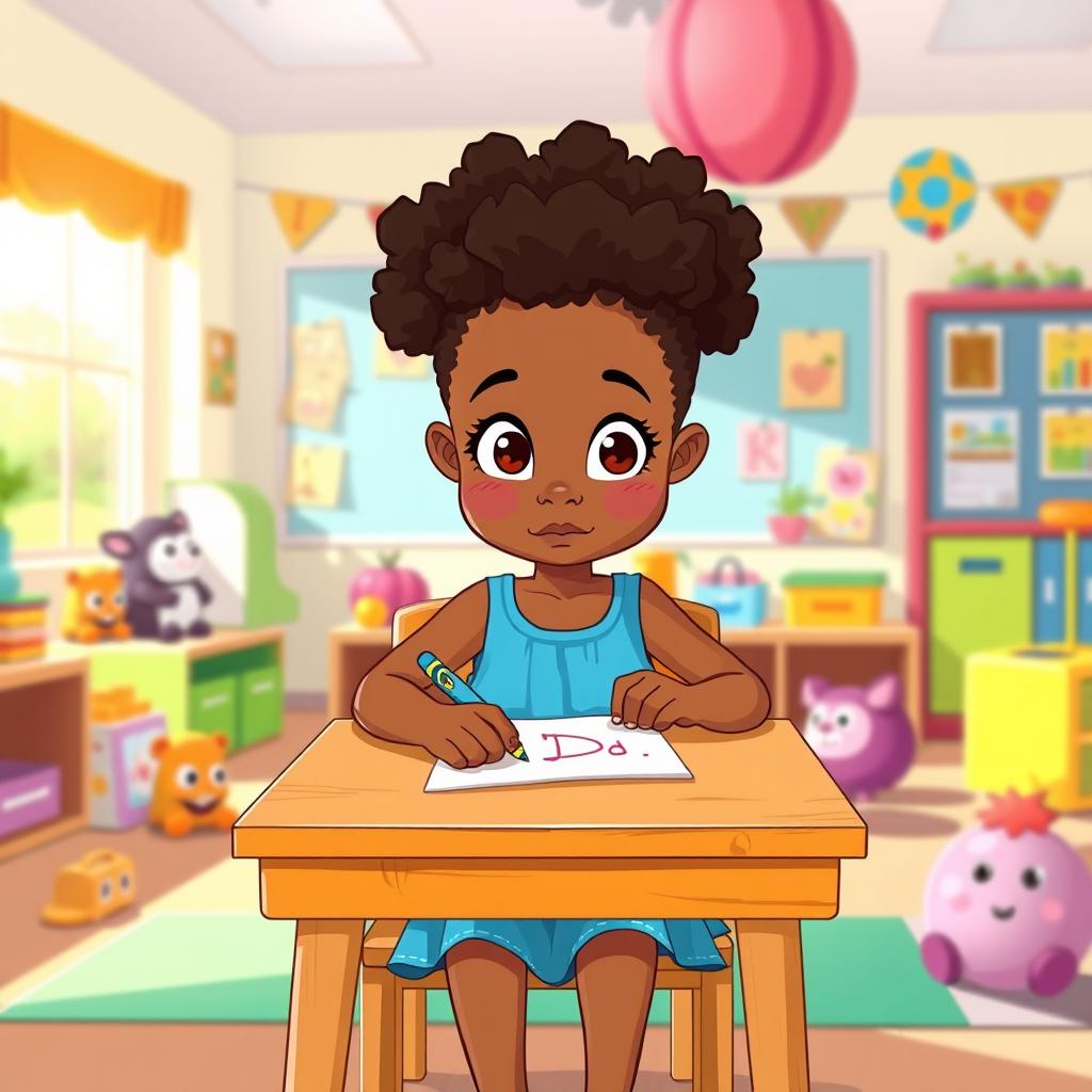 A cartoon-style illustration of a lively kindergarten classroom filled with colorful educational decorations and learning materials