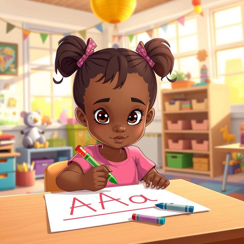 A cartoon-style illustration of a whimsical kindergarten classroom bursting with colorful decorations and educational materials