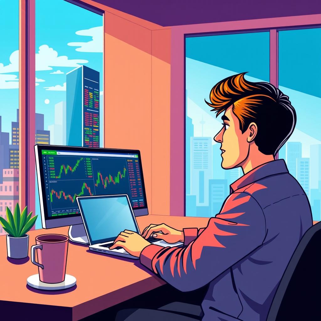 A vibrant and engaging illustration of a person trading stocks using a laptop at a modern workspace