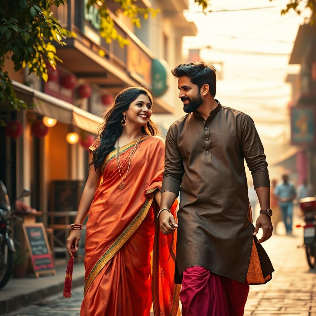An Indian couple walking hand in hand on a vibrant street, radiating happiness and love