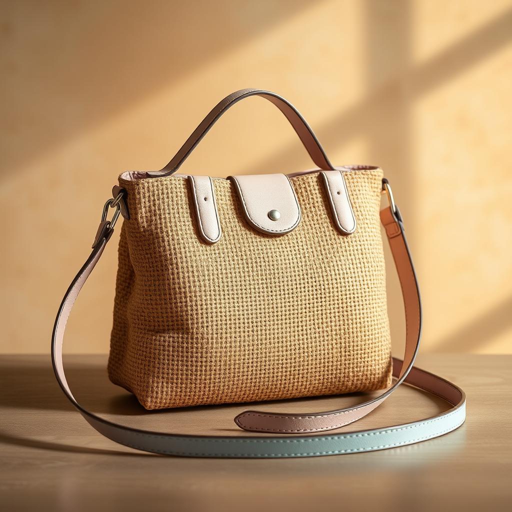 A high-quality, ultra-realistic image of a trendy minimalist handbag for 2025, featuring a medium to small size made from eco-friendly jute textile with a refined texture