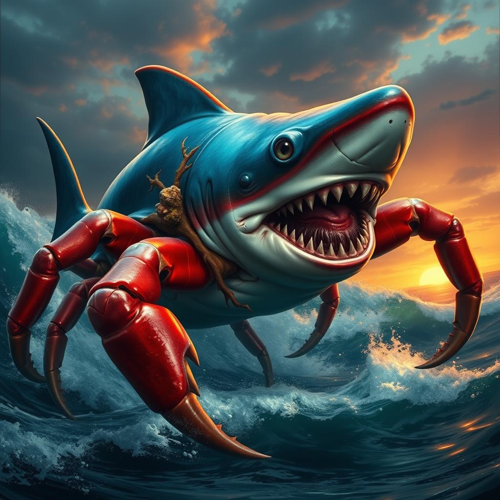 A fantastical giant crab shark hybrid emerging from the ocean, featuring a massive crab body with characteristic claws and a sleek shark head