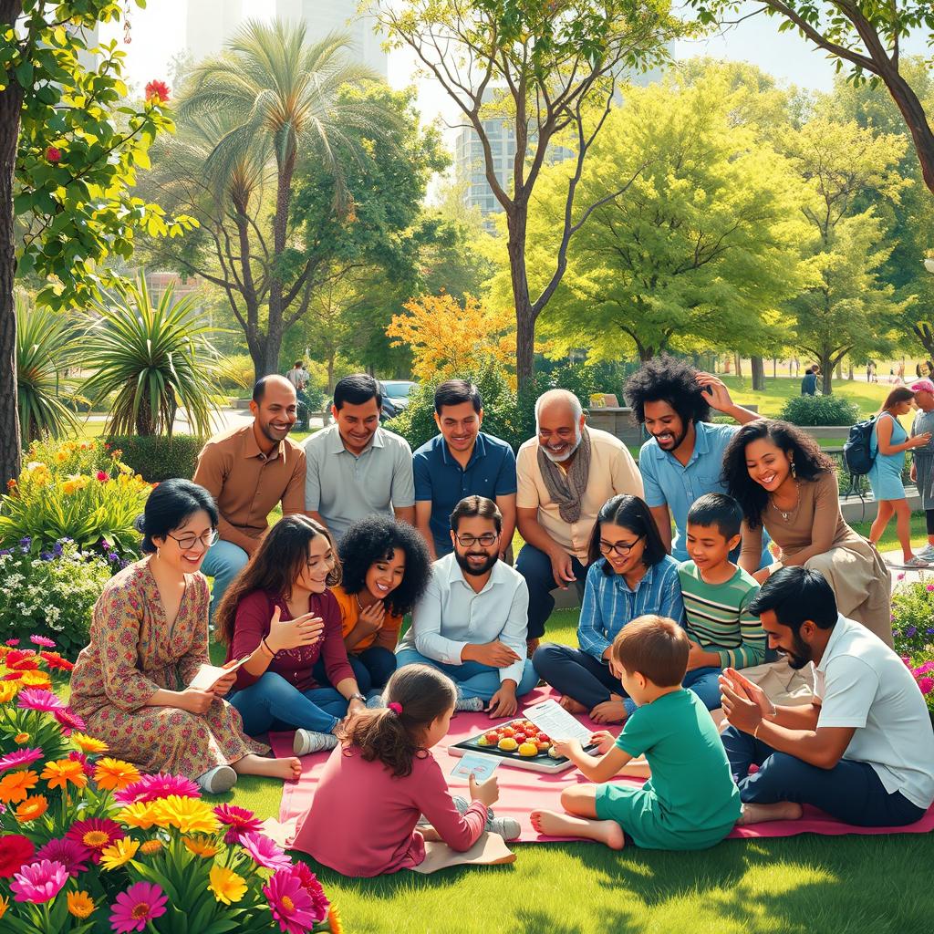 A vibrant and harmonious scene depicting a diverse group of people from various cultural backgrounds, ages, and abilities, engaged in activities together in a public park