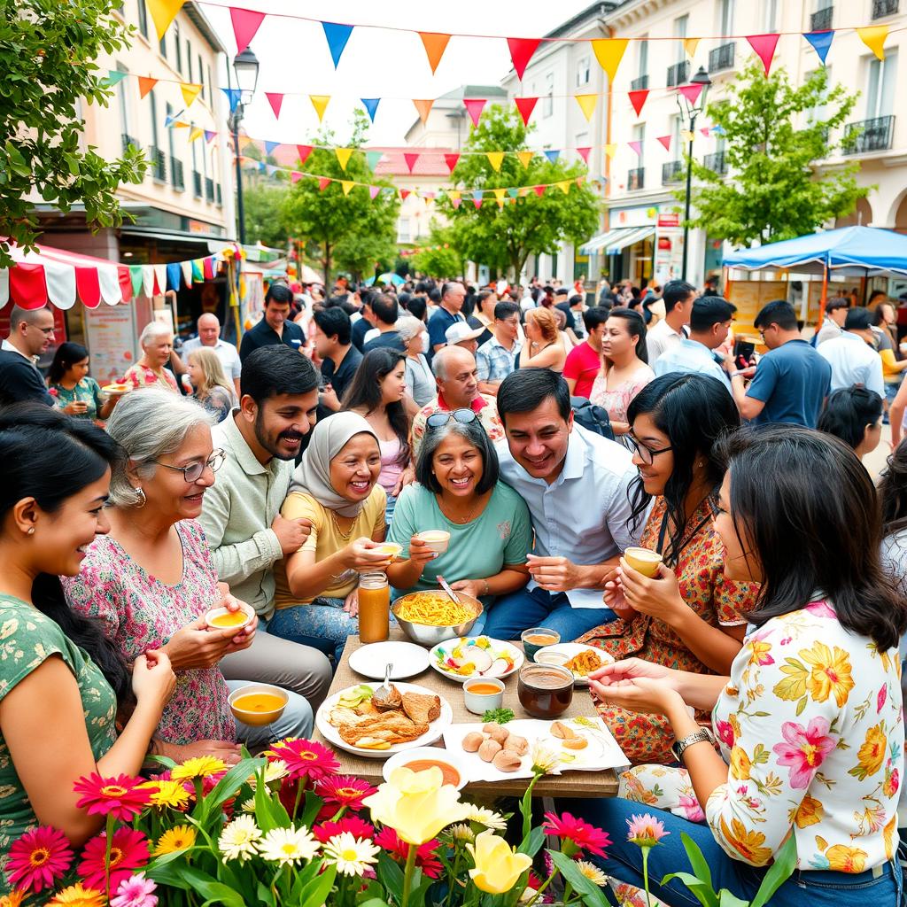A lively and inclusive community gathering in a public square, showcasing a diverse group of people from various ethnicities, ages, and abilities coming together