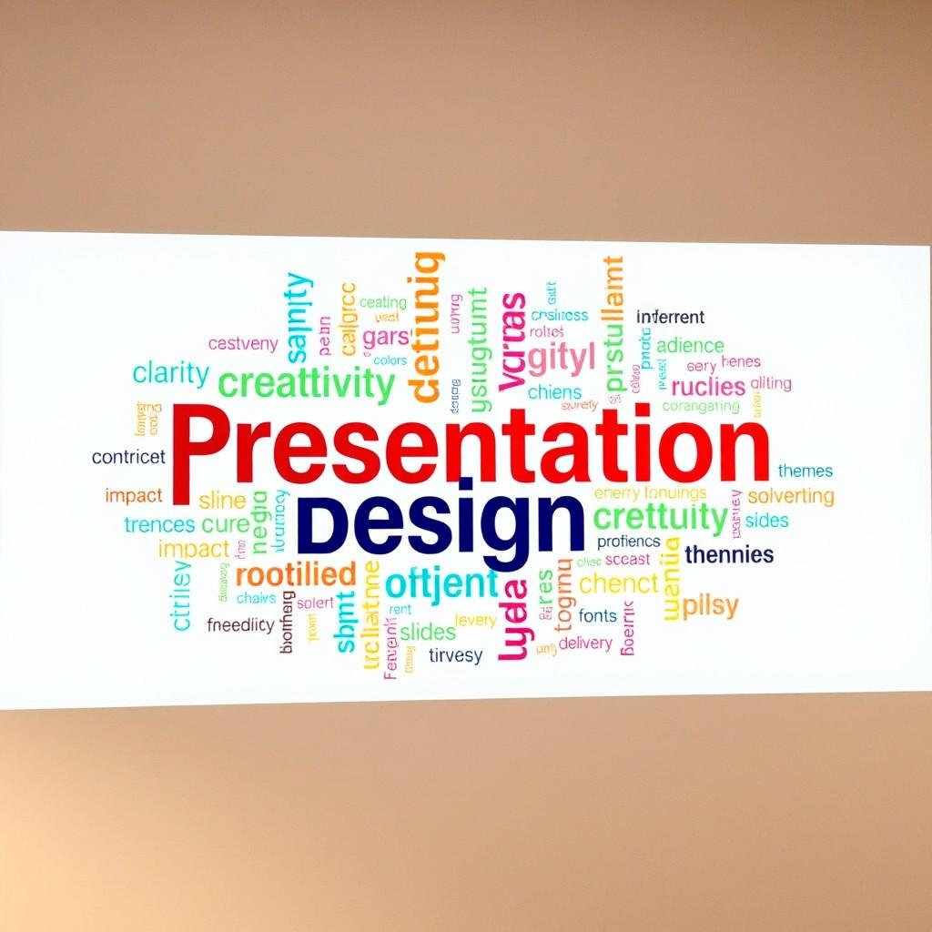 A colorful and visually appealing word cloud for a presentation, featuring a variety of keywords related to the topic of presentation design, such as 'Creativity', 'Clarity', 'Engagement', 'Visuals', 'Structure', 'Impact', 'Audience', 'Storytelling', 'Themes', 'Graphics', 'Colors', 'Fonts', 'Slides', 'Delivery', and 'Feedback'