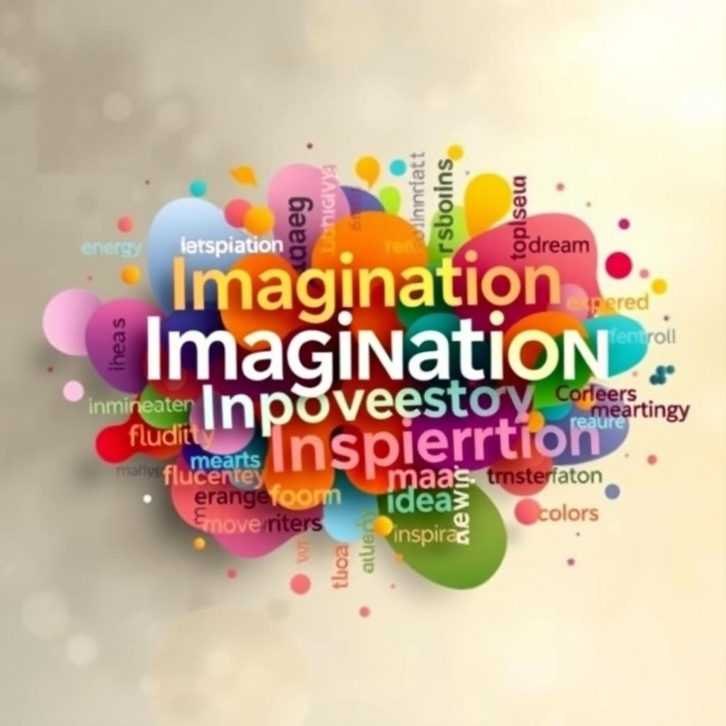 An abstract word cloud filled with various vibrant and flowing shapes, incorporating keywords such as 'Imagination', 'Innovation', 'Expression', 'Dream', 'Fluidity', 'Transformation', 'Energy', 'Ideas', 'Colors', 'Movement', and 'Inspiration'