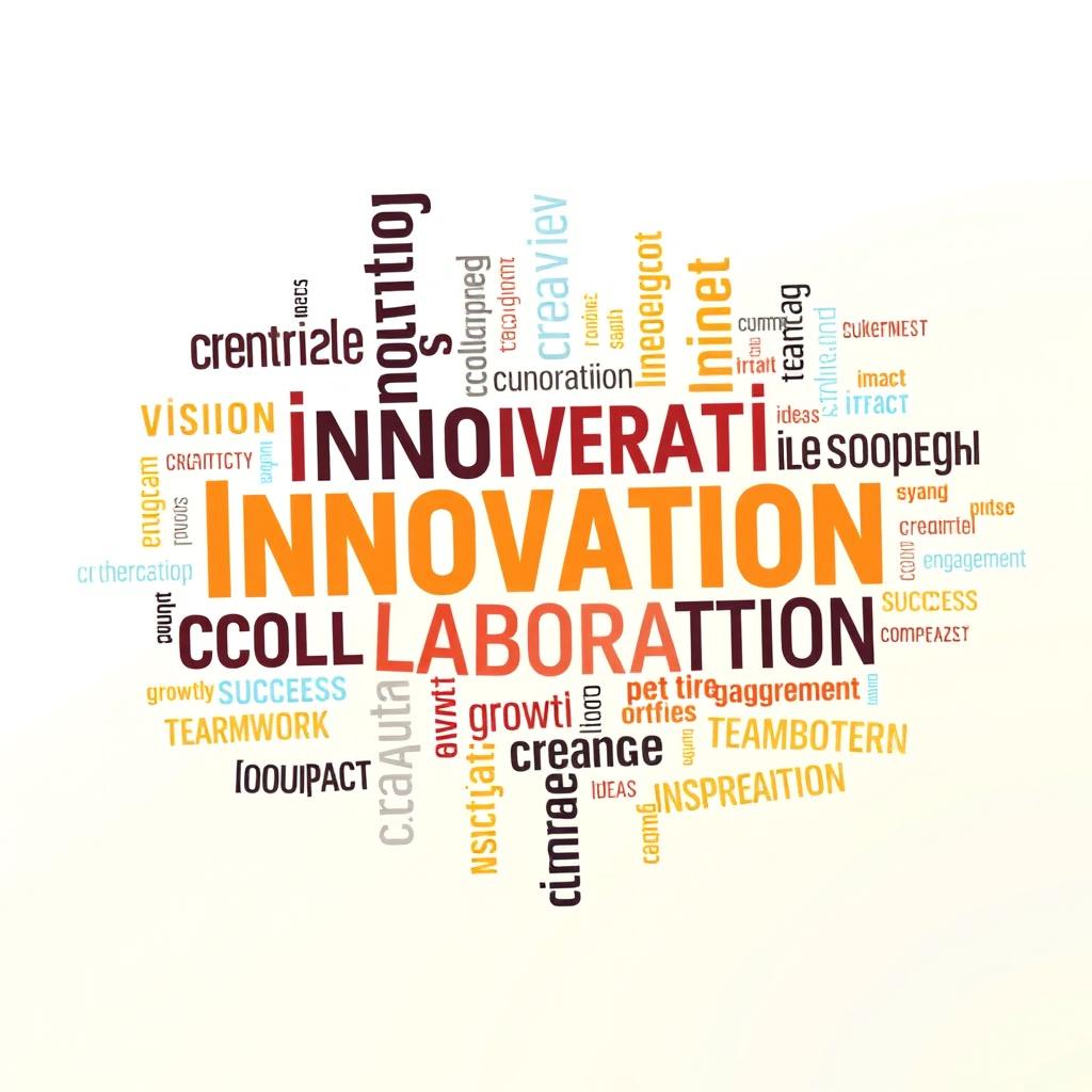 A creative and engaging word cloud example suitable for a presentation, including a variety of relevant keywords such as 'Innovation', 'Collaboration', 'Vision', 'Strategy', 'Growth', 'Leadership', 'Creativity', 'Success', 'Teamwork', 'Engagement', 'Impact', 'Ideas', 'Change', and 'Inspiration'