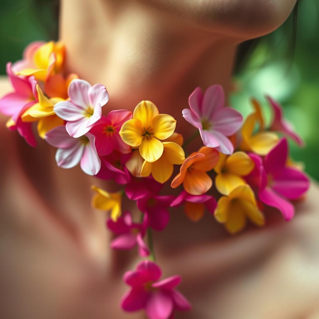 A stunning close-up of a woman's neckline adorned with a cascade of vibrant flowers growing outwards, creating a beautiful and surreal effect