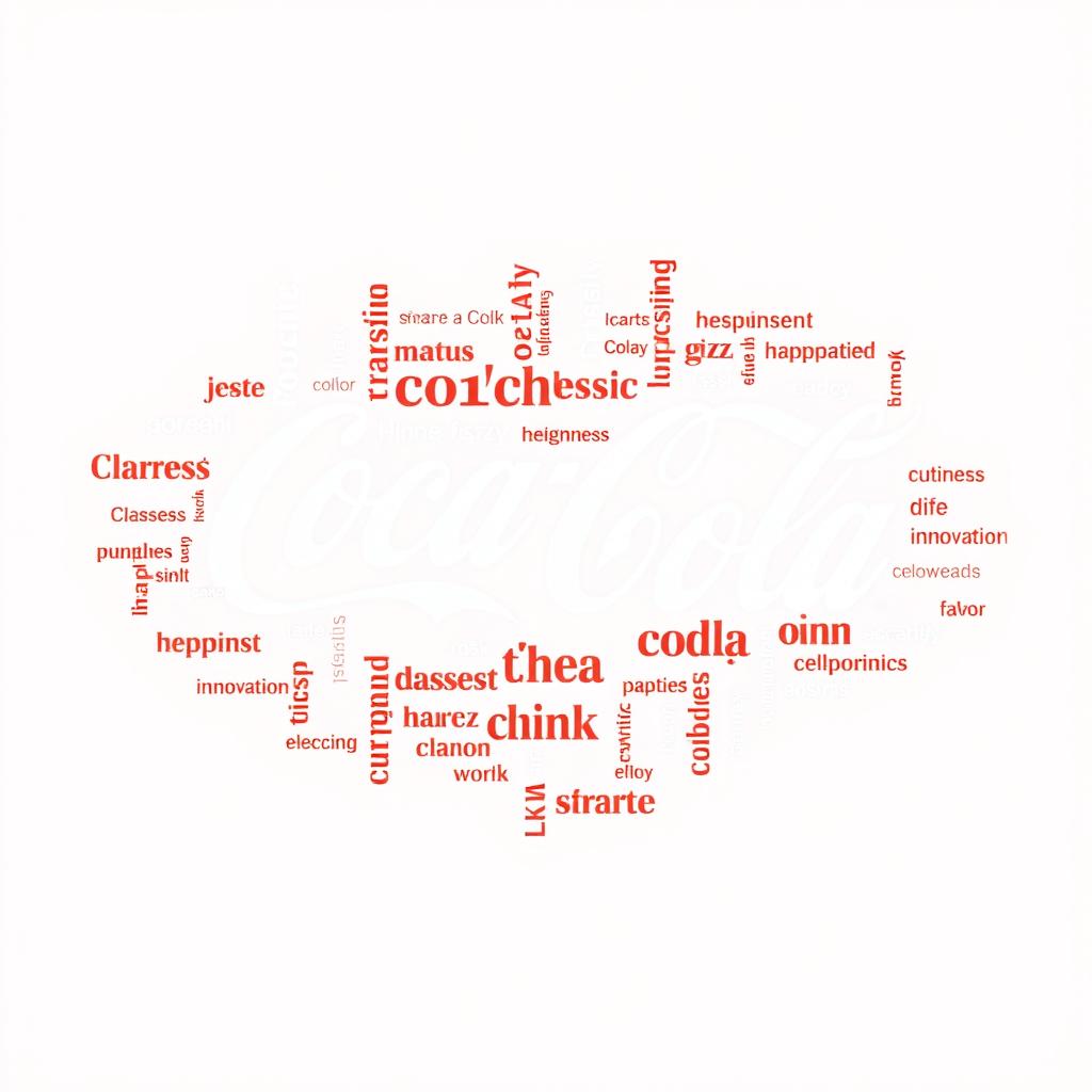 A vibrant word cloud example for a presentation focused on Coca-Cola products, featuring keywords such as 'Coca-Cola', 'Refreshing', 'Classic', 'Taste', 'Fizzy', 'Share a Coke', 'Happiness', 'Innovation', 'Iconic', 'Variety', 'Drink Responsibly', 'Flavor', 'Enjoy', 'Parties', and 'Celebrate'