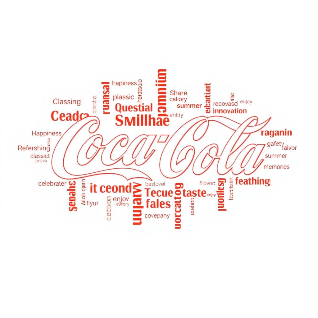 A dynamic word cloud example for a presentation about Coca-Cola, featuring keywords written in English such as 'Coca-Cola', 'Refreshing', 'Classic', 'Taste', 'Fizzy', 'Share a Coke', 'Happiness', 'Innovation', 'Iconic', 'Variety', 'Enjoy', 'Celebrate', 'Flavor', 'Summer', 'Memories', and 'Party'